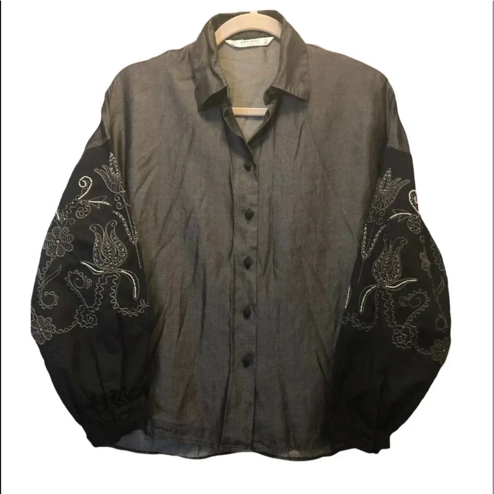 Zara Peasant button down shirt embroidery black Size XSmall Chambray Y2K